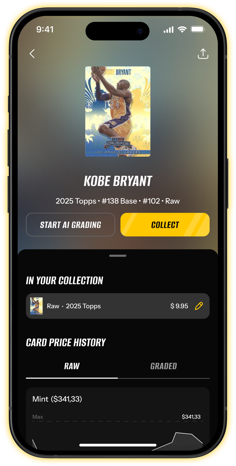 SportDex app showing a Kobe Bryant sports card with AI grading and price history